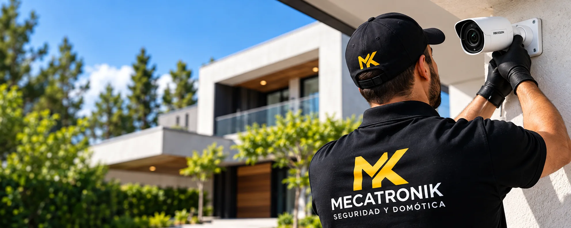 Técnico de Mecatronik instalando una cámara de seguridad en una vivienda
